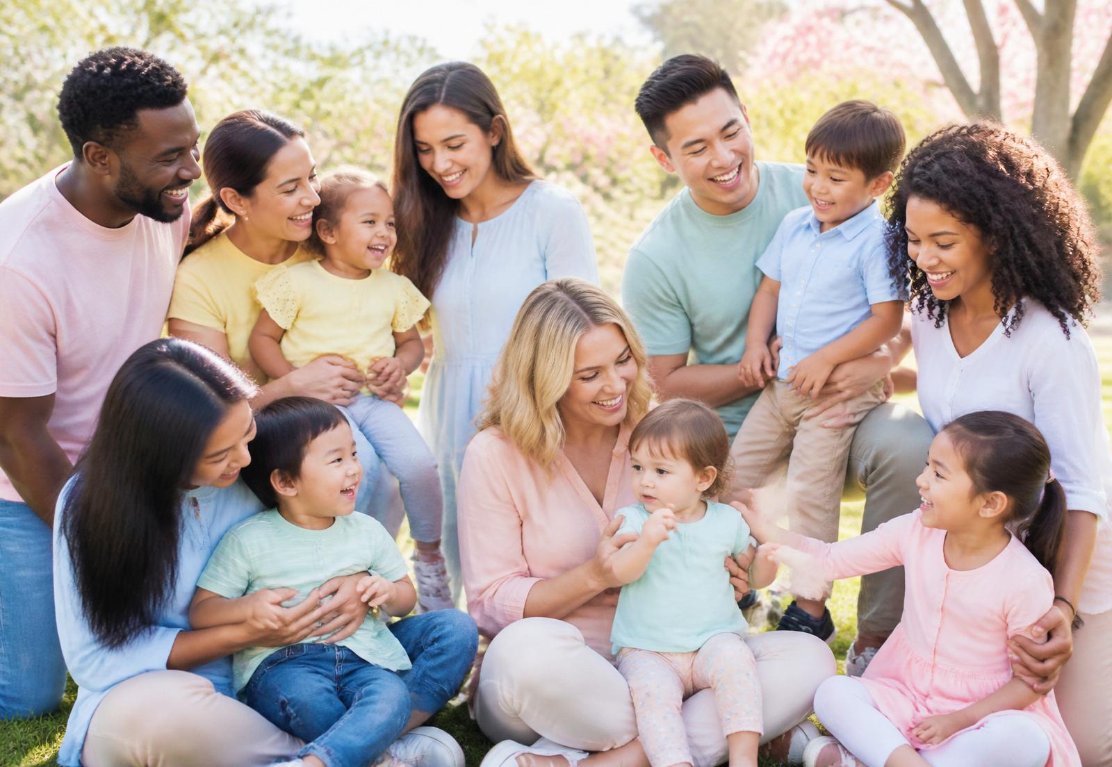 Diverse families gathered together in warm light