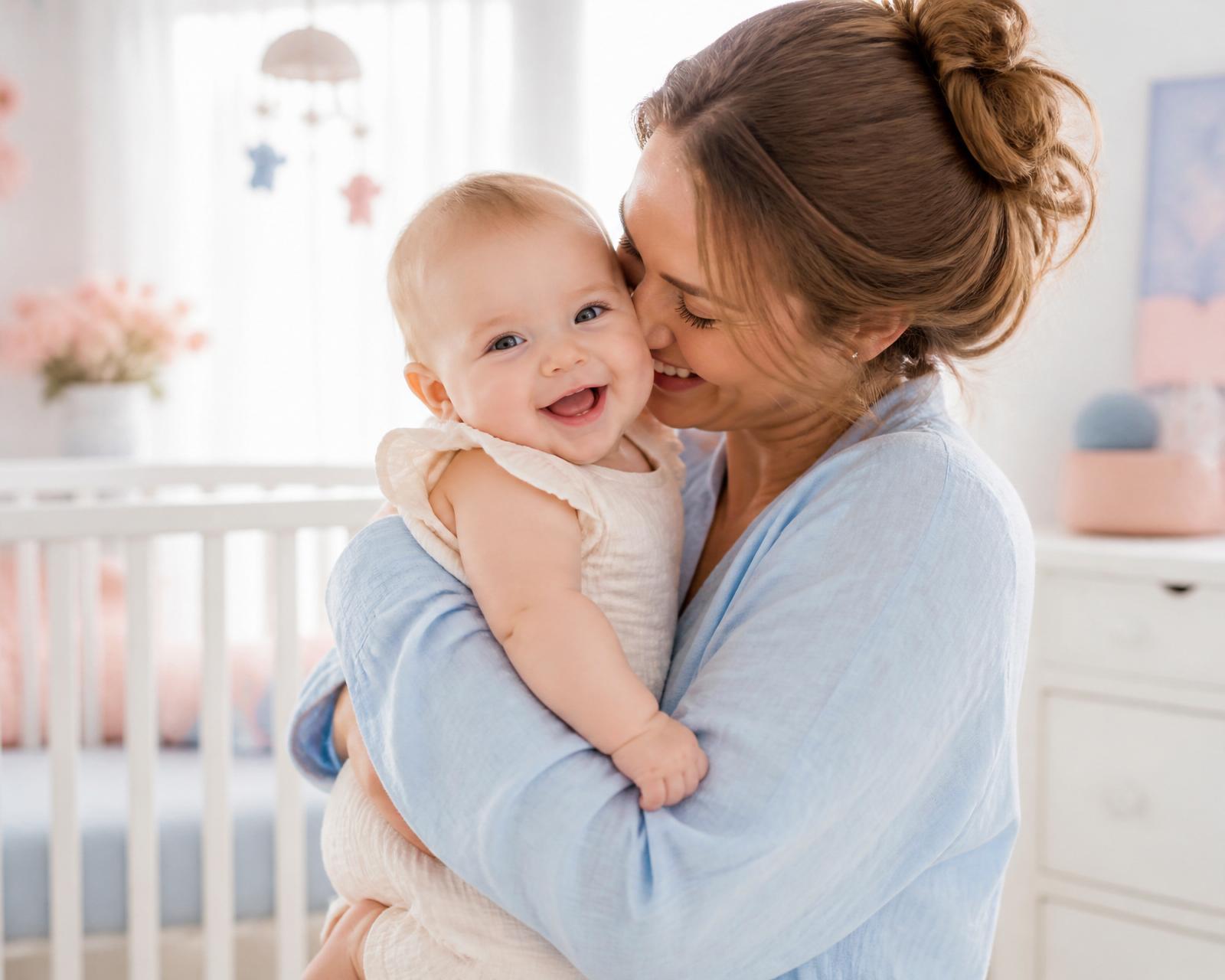 A mother gently holding her young child, soft warm light